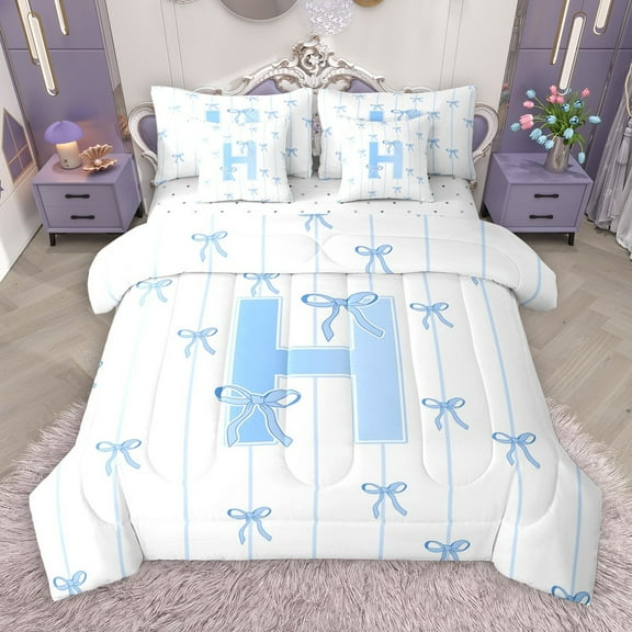 Castle Fairy Teens Boys Girls Bowknot Personalized Initial H 7-Piece Bedding Comforter Set,Blue Geometric Stripes King Bedding Sets,Dreamy Princess Ultra Soft Bed Sheets,Microfiber Bedroom Decor