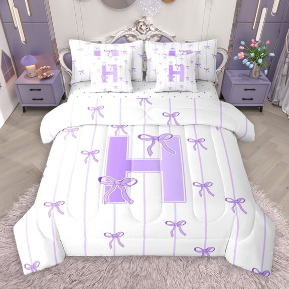 Castle Fairy Teens Boys Girls Bowknot Personalized Initial H 7 Pieces Bedding Comforter Set,Purple Geometric Stripes Full Bedding Set Lightweight,Dreamy Princess Fitted Sheet Flat Sheet
