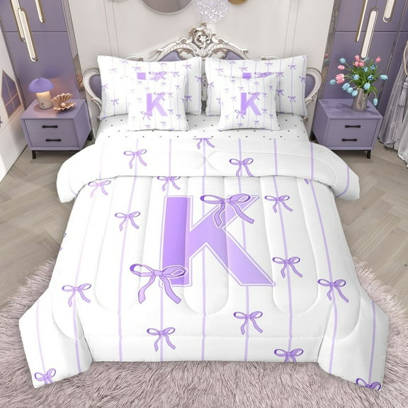 Castle Fairy Teens Boys Girls Bowknot Personalized Initial K 7-Piece Twin Bedding Sets,Purple Geometric Stripes Bedding Comforter Set,Dreamy Princess Breathable Sheet Sets,Microfiber Bedroom Decor