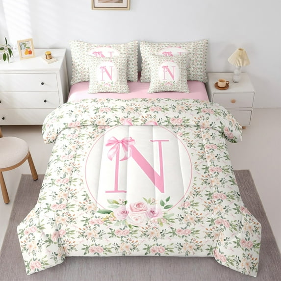 Castle Fairy Teens Boys Girls Bowknot Personalized Initial N 7-Piece Twin Bedding Sets,Chic Flower Rose Bedding Comforter Set,Dreamy Princess Breathable Sheet Sets,Microfiber Bedroom Decor