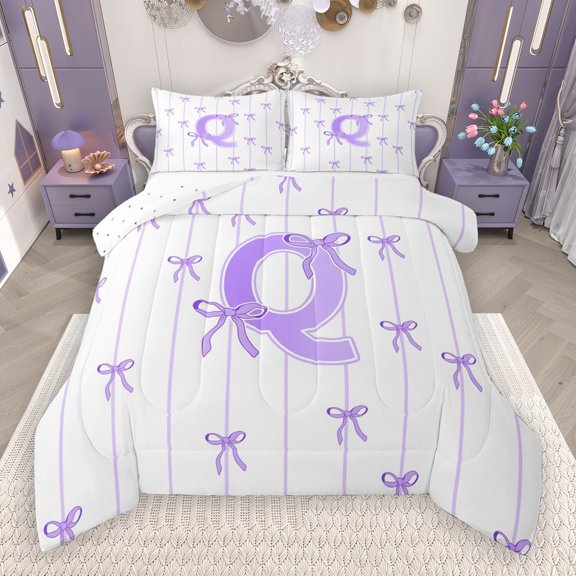 Castle Fairy Teens Boys Girls Bowknot Personalized Initial Q 3 Pieces Queen Comforter Set,Purple Geometric Stripes Ultra Soft Bedding Sets,Dreamy Princess Bedding Comforter Set