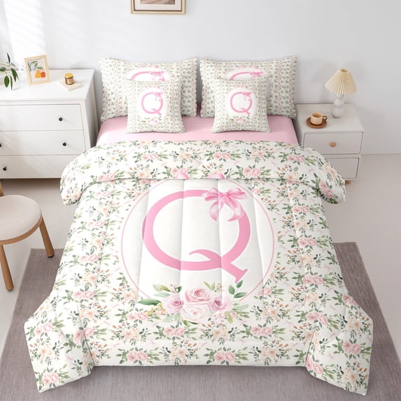 Castle Fairy Teens Boys Girls Bowknot Personalized Initial Q 7Pcs Bedding Comforter Set,Chic Flower Rose Queen Bedding Sets Super Cozy,Dreamy Princess Queen Sheet Sets,Microfiber Bedroom Decor