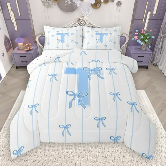 Castle Fairy Teens Boys Girls Bowknot Personalized Initial T 3 Pieces Queen Comforter Set,Blue Geometric Stripes Ultra Soft Bedding Sets,Dreamy Princess Bedding Comforter Set