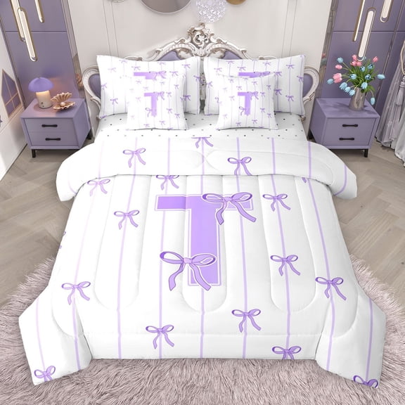 Castle Fairy Teens Boys Girls Bowknot Personalized Initial T 7-Piece Twin Bedding Sets,Purple Geometric Stripes Bedding Comforter Set,Dreamy Princess Breathable Sheet Sets,Microfiber Bedroom Decor