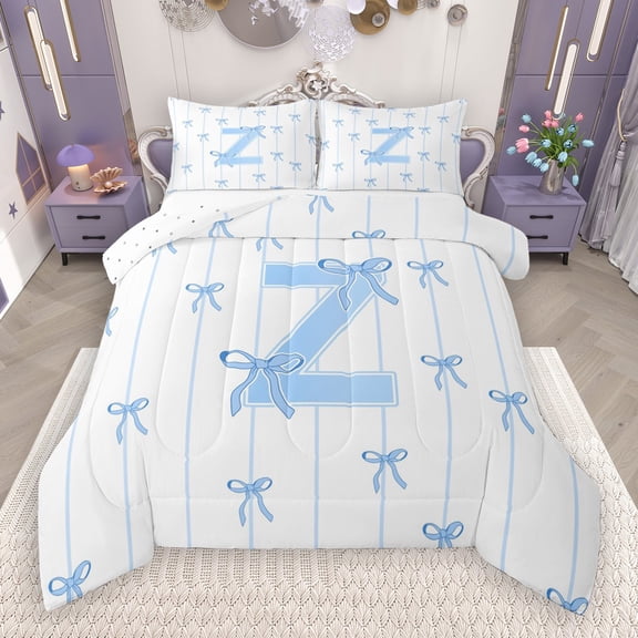 Castle Fairy Initial Z Bowknot Blue Stripes 2-Piece Comforter Set for Teens Boys Girls, Twin Size