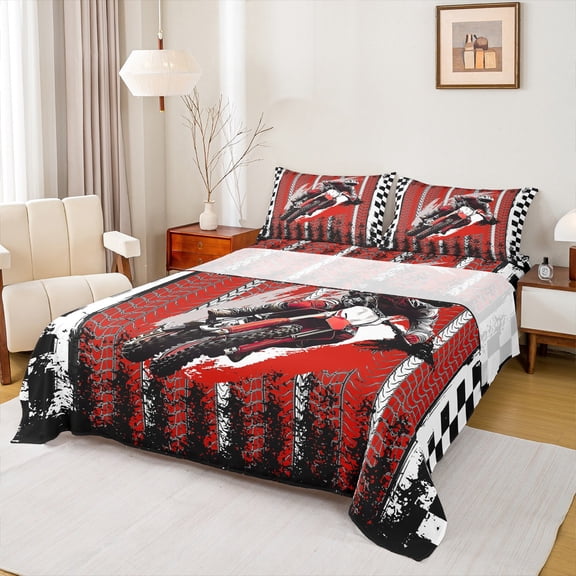 Castle Fairy Teens Boys Girls Dirt Bike Twin Sheet Sets 3pcs,Extreme Sport Twin Fitted Sheet Microfiber,Abstract Graffiti Plaid Breathable Flat Sheet,Lightweight Room Decor