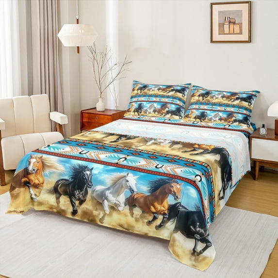 Castle Fairy Teens Boys Girls Galloping Horse Bed Sheets,Tribal Aztec King Sheets
