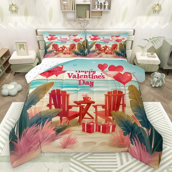 Castle Fairy Teens Boys Girls Happy Valentine's Day 3 Pieces Queen Comforter Set,Romantic Ocean Beach Ultra Soft Bedding Sets,Couple Lover Festival Theme Bedding Comforter Set Breathable