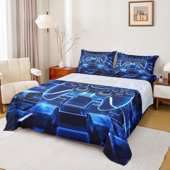 Castle Fairy Teens Boys Girls Video Game Twin Sheet Sets 3pcs,Futuristic Cubes Twin Fitted Sheet Microfiber,Abstract Gamepads Breathable Flat Sheet,Luxury Bedroom Decor