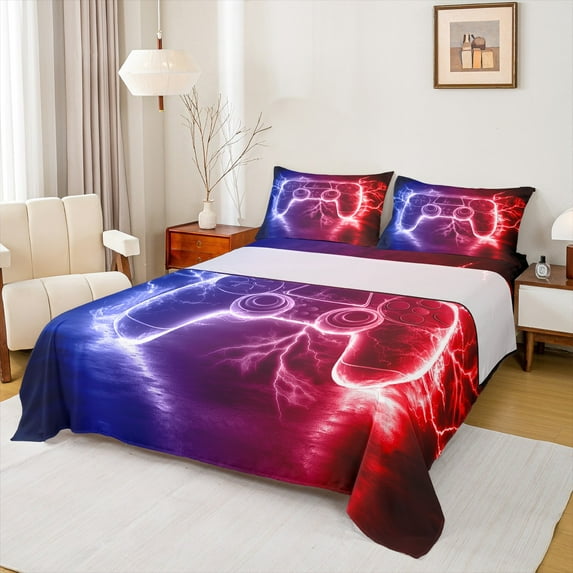 Castle Fairy Teens Boys Girls Video Game Twin Sheet Sets 3pcs,Gradient Gamepads Twin Fitted Sheet Microfiber,Abstract Lightning Breathable Flat Sheet,Luxury Bedroom Decor