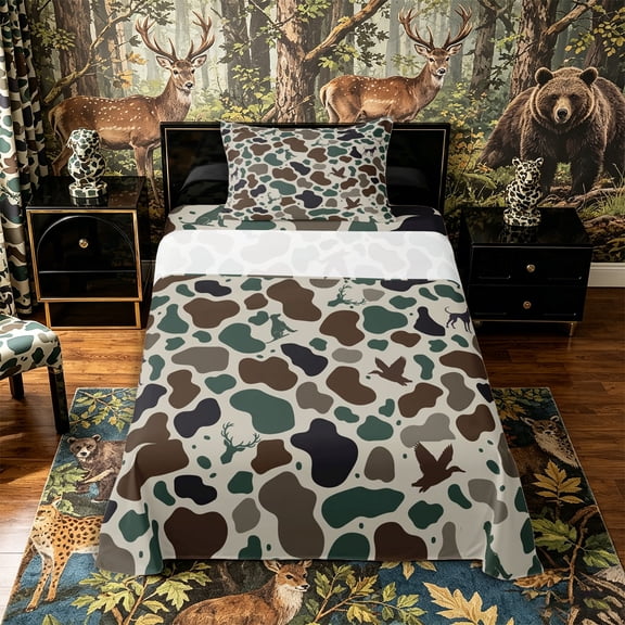 Castle Fairy Teens Camo Animal Dog Deer Twin Sheets 3pcs,Rustic Hunting Wildlife Bedding,Khaki Green Brown,1 Fitted Sheet, 1 Flat Sheet and 1 Pillowcase