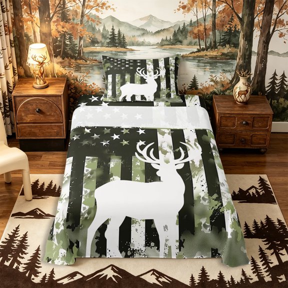 Castle Fairy Teens Camo USA Flag Deer Twin Sheets 3pcs,Stars Stripes Watercolor Splash Bedding,Olive White Black,1 Fitted Sheet, 1 Flat Sheet and 1 Pillowcase