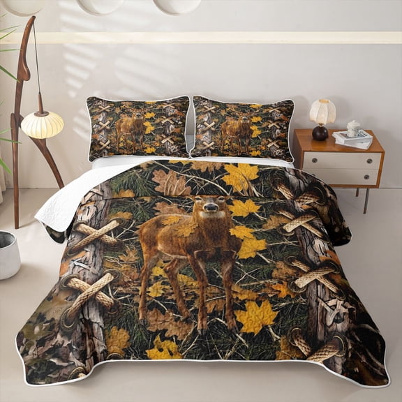 Castle Fairy Teens Camo Whitetail Deer Bed Spread Queen,Jungle Animal Autumn Leaves Queen Coverlet Set,Brown Black Green