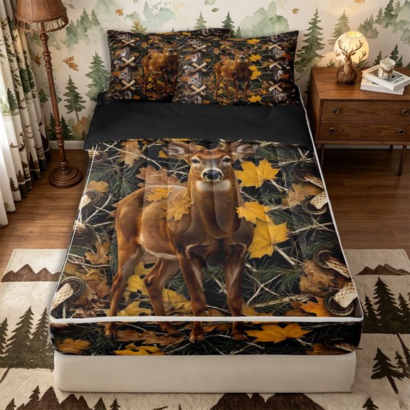 Castle Fairy Teens Camo Whitetail Deer Zipper Queen Comforter Set with Fitted Sheet and 2 Pillowcases,Jungle Animal Autumn Leaves Zipper Bedding Set,Brown Black Green,Black Reversible,4 Pieces