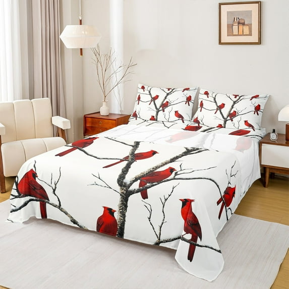 Castle Fairy Teens Cardinal Bird 3pcs Twin Sheet Sets,Merry Christmas Twin Fitted Sheet,Festival Xmas Breathable Flat Sheet,Ultra Soft Home Decor