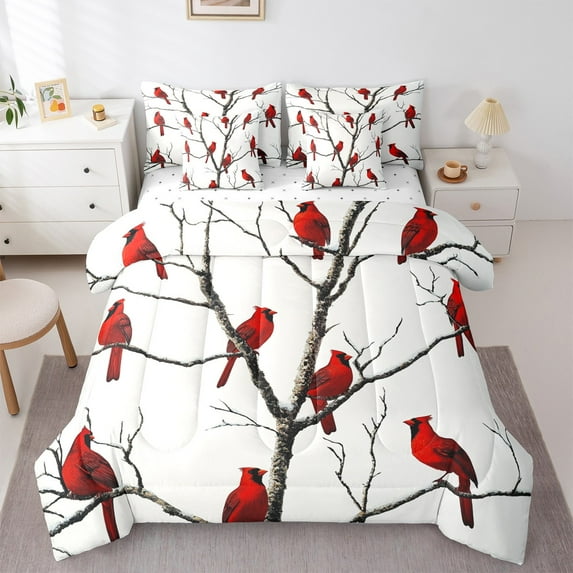 Castle Fairy Teens Cardinal Bird 7-Piece Twin Bedding Sets,Merry Christmas Bedding Comforter Set,Festival Xmas Breathable Sheet Sets,Ultra Soft Home Decor