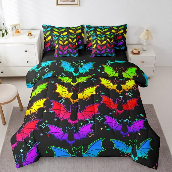 Castle Fairy Teens Cartoon Bats 7 Pieces Bedding Comforter Set,Spooky Animal Full Bedding Set Lightweight,Happy Halloween Fitted Sheet Flat Sheet,Ultra Soft Home Decor