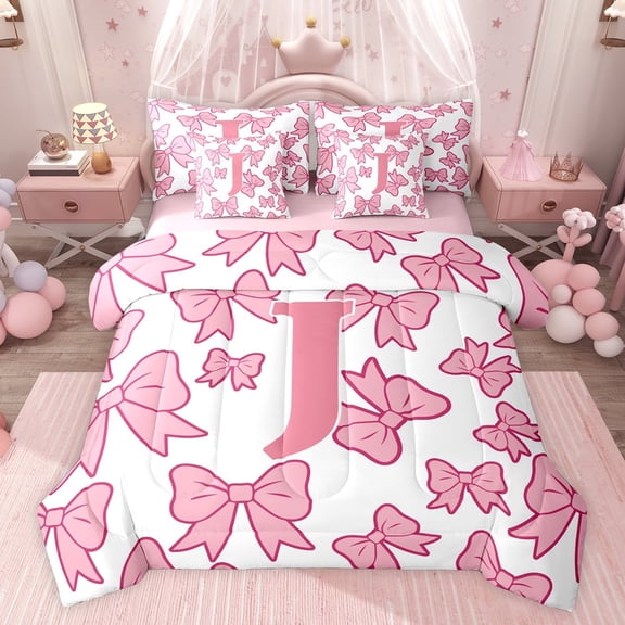 Castle Fairy Teens Cartoon Bowtie Personalized Initial Alphabet J Twin Bedding Sets 7-Piece,Pink White Bow Knot Bedding Comforter Set Microfiber,Kawaii Letter Monogrammed Breathable Sheet Sets