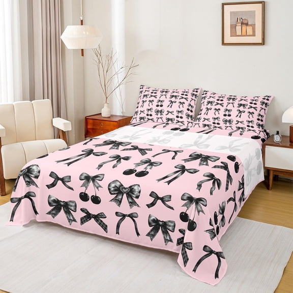 Castle Fairy Teens Cartoon Cherry Bow 4 Pieces Queen Sheet Sets,Kawaii Bowknot Ultra Soft Flat Sheet,Cute Bow-Tie Queen Fitted Sheet,Ultra Soft Home Decor