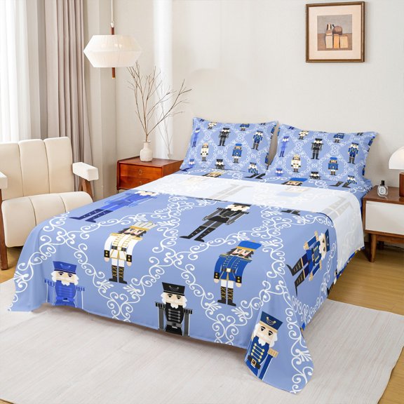 Castle Fairy Teens Cartoon Nutcracker 3pcs Twin Sheet Sets,Geometric Plaid Twin Fitted Sheet,Merry Christmas Breathable Flat Sheet,Breathable Home Decor