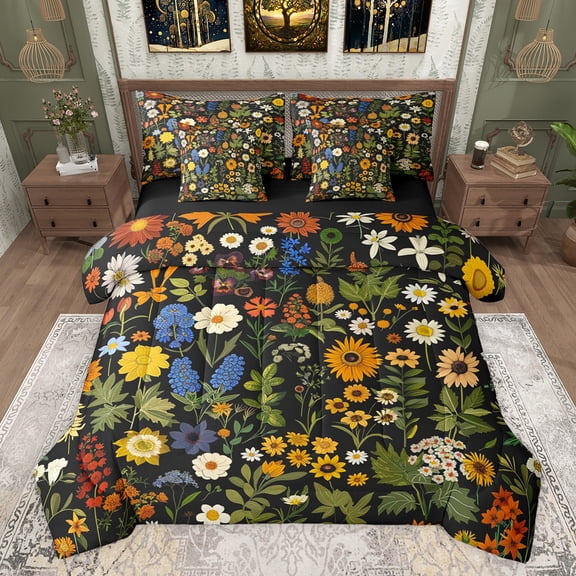 Castle Fairy Teens Chic Floral Flowers Bedding Comforter Set 7-Piece,Vintage Retro Aesthetic King Bedding Sets,Spring Garden Ultra Soft Bed Sheets,Ultra Soft Home Decor,Reversible