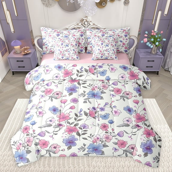 Castle Fairy Teens Chic Floral Flowers Twin Bedding Sets 7-Piece,Vintage Aesthetic Bedding Comforter Set Microfiber,Spring Garden Breathable Sheet Sets,Ultra Soft Home Decor,Reversible