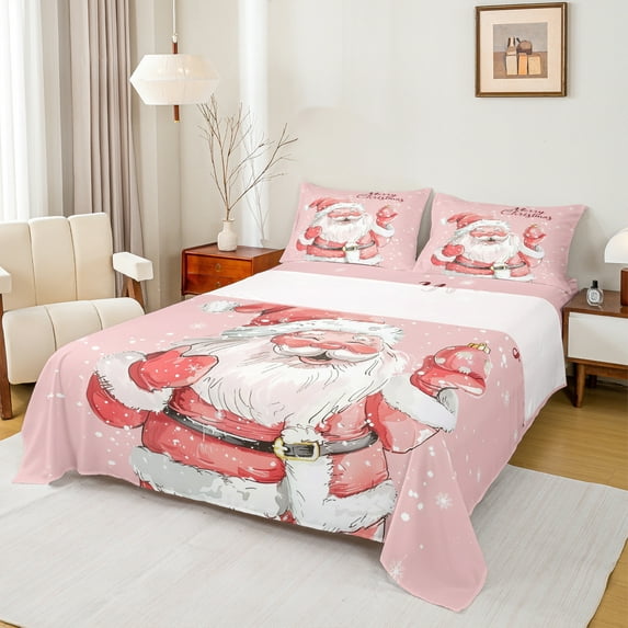 Castle Fairy Teens Children Cute Santa Claus 4-Piece Full Size Sheets,Xmas Snowflake Bed Sheets,Pink Red White Lightweight Sheet Sets,Ultra Soft Home Decor