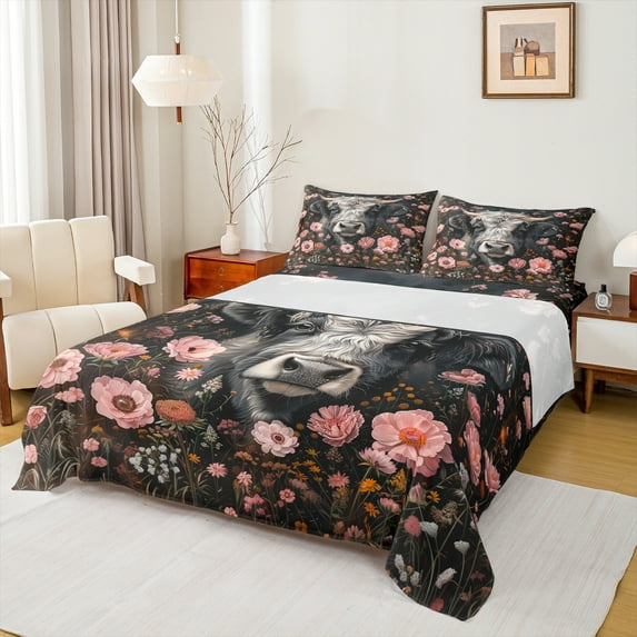 Castle Fairy Teens Children Floral Highlad Cattle 3Pcs Twin Sheet Sets,Rustic Animal Twin Fitted Sheet,Chic Flowers Breathable Flat Sheet,Lightweight Room Decor