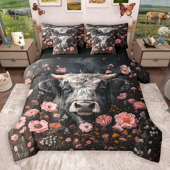 Castle Fairy Teens Children Floral Highlad Cattle 7-Piece Bedding Comforter Set,Rustic Animal King Bedding Sets,Chic Flowers Ultra Soft Bed Sheets,Lightweight Room Decor