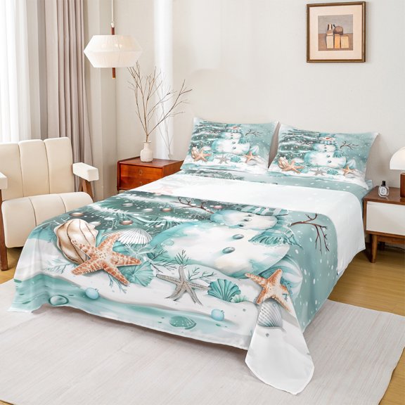 Castle Fairy Teens Children Kawaii Xmas Snowman 3Pcs Twin Sheet Sets,Sea Starfish Seashell Twin Fitted Sheet,Merry Christmas Breathable Flat Sheet,Super Cozy Room Decor