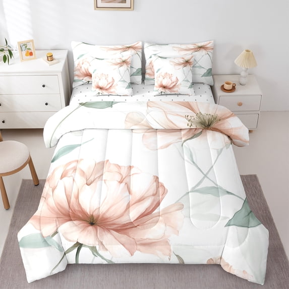 Castle Fairy Teens Children Orange Flower 7 Pieces Bedding Comforter Set,Botanical Plants Full Bedding Set Lightweight,Chic Floral Blossom Fitted Sheet Flat Sheet,Ultra Soft Home Decor