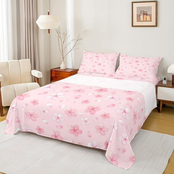 Castle Fairy Teens Children Pink Flower Cherry Blossom 3Pcs Twin Sheet Sets,Botanical Plants Twin Fitted Sheet,Chic Floral Sakura Breathable Flat Sheet,Ultra Soft Home Decor