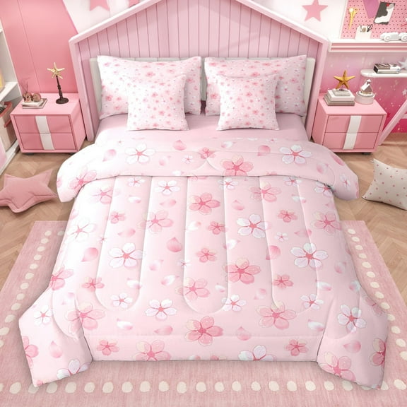 Castle Fairy Teens Children Pink Flower Cherry Blossom 7-Piece Bedding Comforter Set,Botanical Plants King Bedding Sets,Chic Floral Sakura Ultra Soft Bed Sheets,Ultra Soft Home Decor