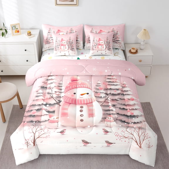 Castle Fairy Teens Children Pink Snowman 7 Pieces Bedding Comforter Set,Christmas Tree Snowflake Full Bedding Set Lightweight,Xmas Festival Fitted Sheet Flat Sheet,Ultra Soft Home Decor
