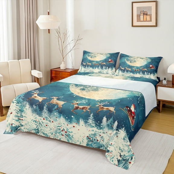 Castle Fairy Teens Children Xmas Santa Claus Deer 3Pcs Twin Sheet Sets,Happy New Year Twin Fitted Sheet,Merry Christmas Breathable Flat Sheet,Luxury Bedroom Decor