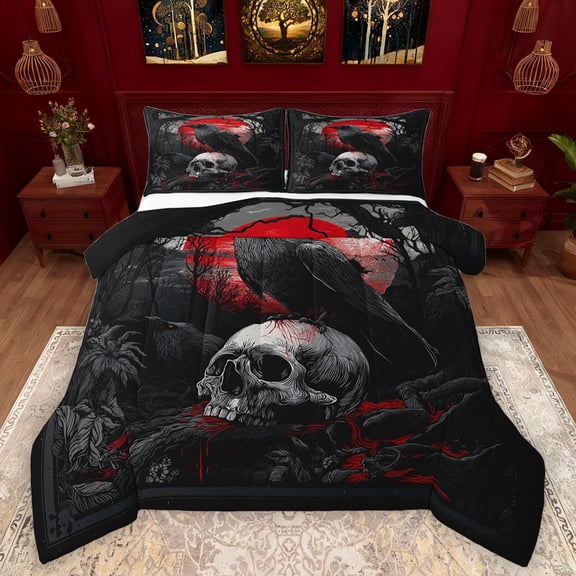 Castle Fairy Teens Crow Skull 3 Pieces Queen Comforter Set,Black Red Ultra Soft Bedding Sets,Gothic Style Bedding Comforter Set Breathable,Breathable Home Decor,Reversible