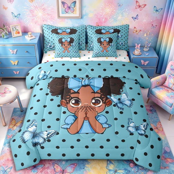 Castle Fairy Teens Cute Black Girl Twin Size Bedding 7-Piece,Polka Dot Butterfly Bedding Comforter Set
