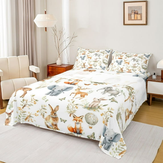 Castle Fairy Teens Cute Elephants Deer Fox Rabbit 4pcs Bed Sheets,Chic Flowers Butterflies King Sheets,Cartoon Jungle Animal Super Cozy Sheet Set,Breathable Home Decor
