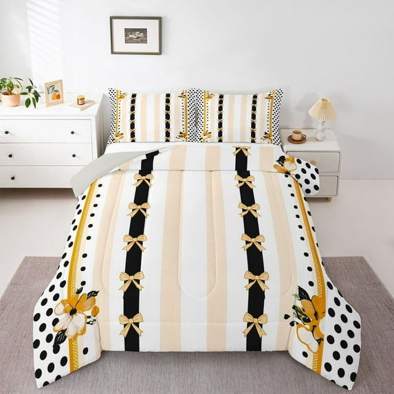Castle Fairy Teens Cute Floral Bow Knot Full Size Comforter Sets,Stripes Bedding Sets