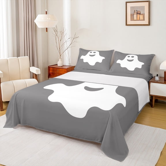 Castle Fairy Teens Cute Ghost 4-Piece Full Size Sheets,Festival Halloween Bed Sheets,Grey White Lightweight Sheet Sets,Ultra Soft Home Decor