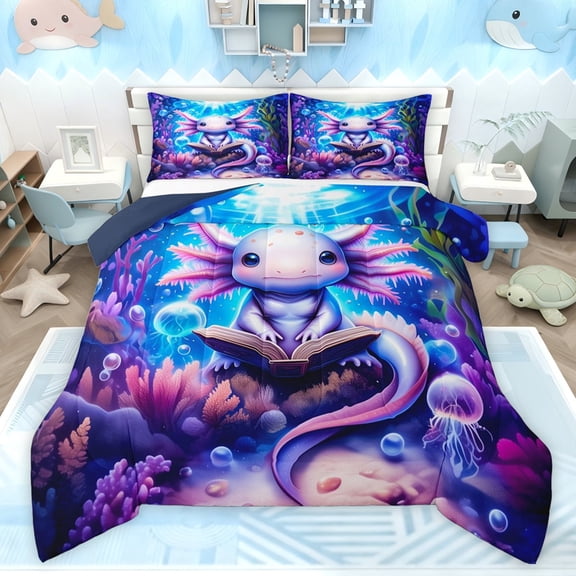 Castle Fairy Teens Cute Sea Axolotl Twin Comforter Sets,Cartoon Ocean Animal Bedding Set