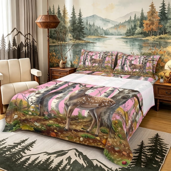 Castle Fairy Teens Cute Watercolor Deer Queen Sheets 4 Pieces,Birch Autumn Mushroom Queen Sheet Sets,Brown Pink White,1 Fitted Sheet, 1 Flat Sheet and 2 Pillowcases