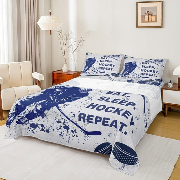 Castle Fairy Teens Eat Sleep Ice Hockey 3pcs Twin Sheet Sets,Graffiti Splash Twin Fitted Sheet,Sport Gamer Breathable Flat Sheet,Breathable Home Decor