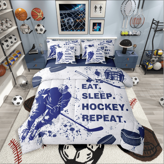 Castle Fairy Teens Eat Sleep Ice Hockey 7 Pieces Bedding Comforter Set,Graffiti Splash Full Bedding Set Lightweight,Sport Gamer Fitted Sheet Flat Sheet,Breathable Home Decor