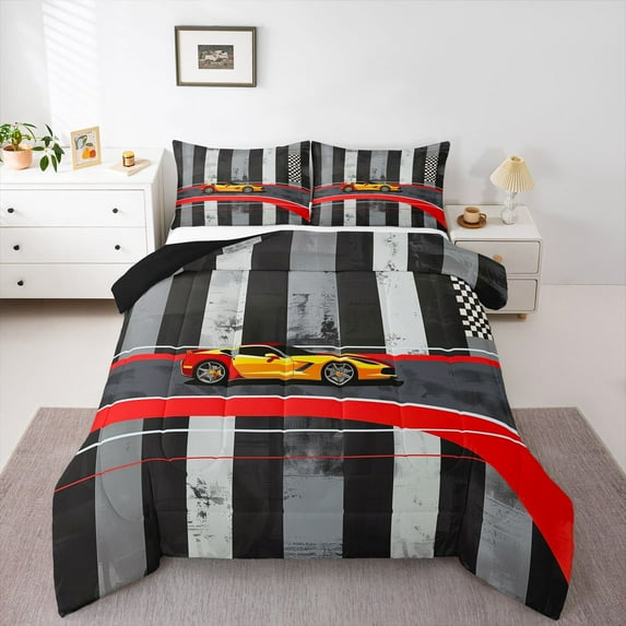 Castle Fairy Teens Fast Car 3 Pieces Queen Comforter Set,Extreme Speed Sport Ultra Soft Bedding Sets,Abstract Vintage Geometric Stripes Bedding Comforter Set Breathable,Breathable Home Decor