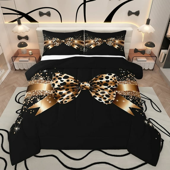 Castle Fairy Teens Female Cheetah Print Ribbon Bow-Tie Bedding Comforter Set 2pcs,Old Fashion Leopard Print Twin Comforter Sets Microfiber,Bling Glitter Breathable Bedding Set,Super Cozy Room Decor
