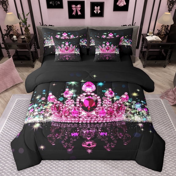 Castle Fairy Teens Female Crystal Crown Bedding Comforter Set 7-Piece,Dreamy Princess King Bedding Sets,Bling Glitter Ultra Soft Bed Sheets,Microfiber Bedroom Decor,Reversible