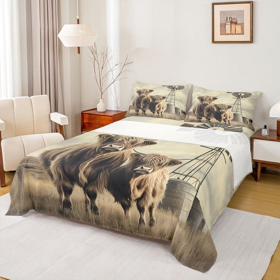 Castle Fairy Teens Female Men Highland Cow Bed Sheets,Farmhouse Animal King Sheets