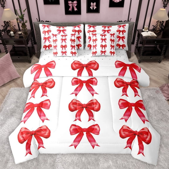 Castle Fairy Teens Female Men Kawaii Bow-Tie Bedding Comforter Set 7pcs,Dreamy Princess Queen Bedding Sets Super Cozy,Red White Queen Sheet Sets,Luxury Bedroom Decor,Reversible