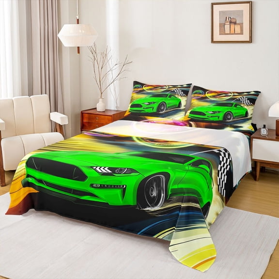 Castle Fairy Teens Female Men Sport Car Twin Sheet Sets,Geometric Checkered Flag Bedding